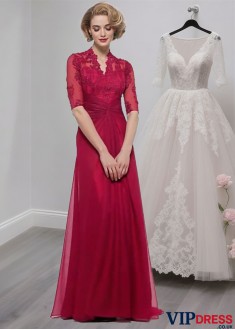 Elegant Queen Anne Neck Silk-Like Chiffon A-Line Mother of the Bride Dress with Illusion Sleeves