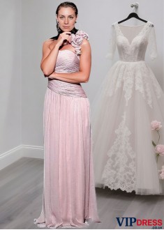 Pink One Shoulder Chiffon Full Length Mother of the Bride Dress