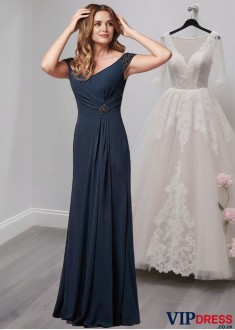 Elegant V-Neck Cap Sleeve A-Line Chiffon Mother of the Bride Dress – Full Length