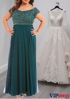 Full-Length V-Neck Chiffon Mother of the Bride Dress with Cap Sleeves