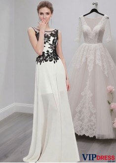 Elegant White Chiffon Scoop Neck A-Line Prom Dresses, Mother Evening Gown