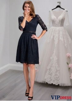 Elegant Knee-Length Lace V-Neck Mother of the Bride Dress with Illusion Sleeves