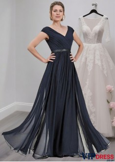 V-Neck Chiffon Mother of the Bride Dress with Cap Sleeves