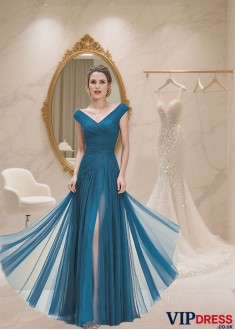 Blue V-Neck A-Line Full-Length Mother of the Bride Dress with Cap Sleeves