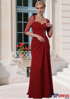 Elegant Red Tulle & Chiffon Mother of the Bride Dress – Sweetheart A-Line Gown with Illusion Sleeves