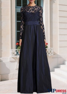 Elegant Lace & Taffeta Jewel Neck A-Line Mother of the Bride Dress – Full Length