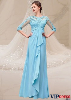 Blue Prom Chiffon Mother of the Bride Dress with Jewel Neck and Illusion Sleeves