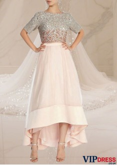 Pink Hi-Lo A-Line Prom Dress and Gown with Beads For Party