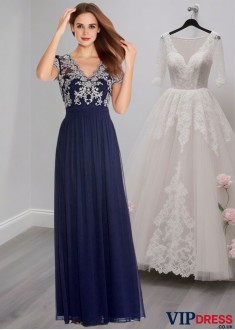 Blue Chiffon A-Line Mother of the Bride Dress with Sleeves and V-Neck