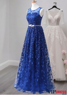 Elegant Blue Lace A-Line Mother of the Bride Dress with Jewel Neckline