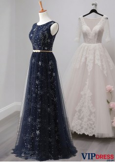 Elegant Sequin Tulle Scoop Neck A-Line Mother of the Bride Dress Full Length