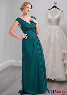 Elegant V-Neck Full-Length Chiffon A-Line Mother of the Bride Dress with Sleeves