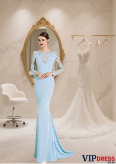 Elegant Blue Tulle and Satin Bateau Neck Illusion Sleeve Mother of the Bride Gown