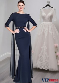 Full Length Mother of the Bride Dress with Bateau Neckline and Illusion Sleeves