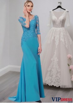 Blue V-Neck Mother of the Bride Dresses With Lace and Half Sleeves