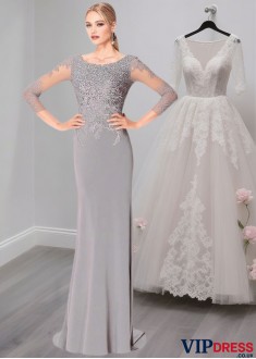 Sheath Tulle Evening Mother of the Bride Dress with Long Sleeves
