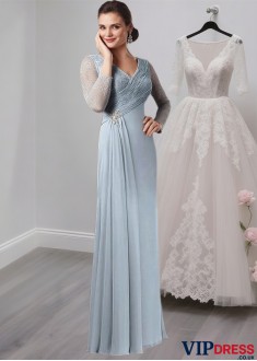 Elegant V-Neck Chiffon and Lace Illusion Sleeve Mother of the Bride Dress