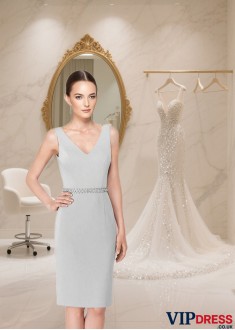 Best Sleeveless Knee-Length Satin Formal Dress V Neck For Party