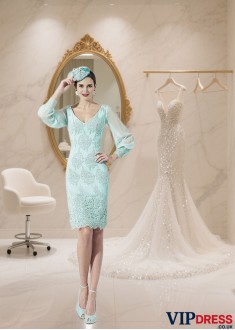 Short V-Neck Satin Mother of the Bride Dress with Long Sleeves