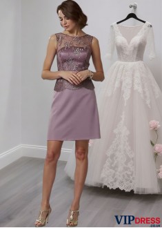 Purple Lace Chiffon Short Mother of the Bride Dress with Jewel Neckline