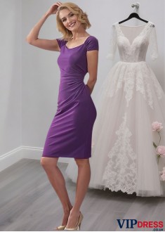 Purple Knee-Length Mother of the Bride Dress Scoop Neck and Cap Sleeves