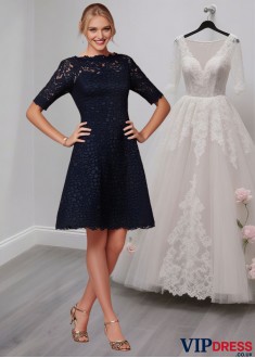 Lace Prom Evening Party Dress with Short Sleeves and Jewel Neckline