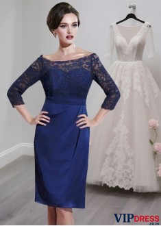 Knee Length Mother of the Bride Dress with Short Sleeves and Bateau Neck