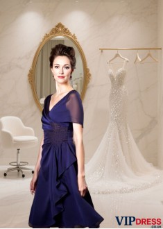 V-Neck Knee-Length Mother of the Bride Dresses – A-Line Illusion Sleeve Formal Gown