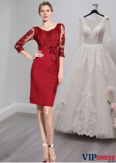 Red Mother of the Bride Dress with 3/4 Sleeves - Wedding Party Dresses