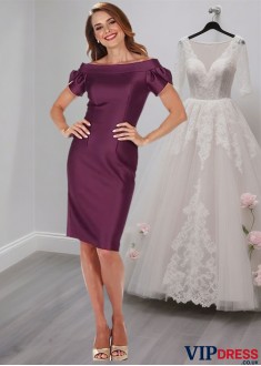 Purple Satin Sheath Off-the-Shoulder Mother of the Bride Dress Knee-Length