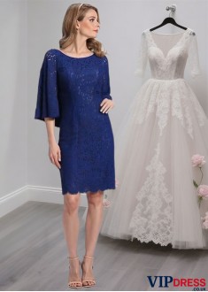 Blue Lace Knee-Length Mother of the Bride Dress with Sleeves and Scoop Neck