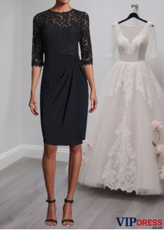 Black Mother of the Bride Dress – Jewel Neck Knee-Length with 1/2 Sleeves
