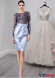 Short Lace Mother of the Bride Dress with Long Sleeves and Scoop Neckline
