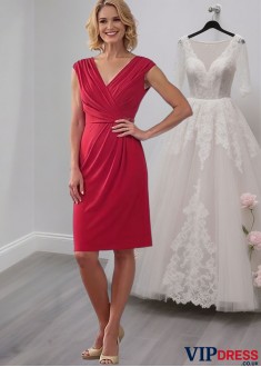 Knee-Length V-Neck Mother of the Bride Dress with Cap Sleeves – Sheath Silhouette