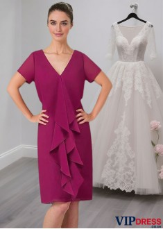 Knee Length V Neck Chiffon Mother of the Bride Dress with Sleeves