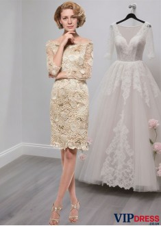 Short Lace Off-the-Shoulder Mother of the Bride Dress – Sheath Mini Gown