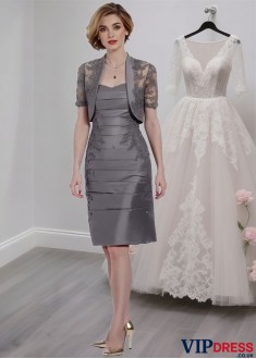 Sweetheart Neck Knee-Length Taffeta & Tulle Mother of the Bride Dress with Jacket Sleeves