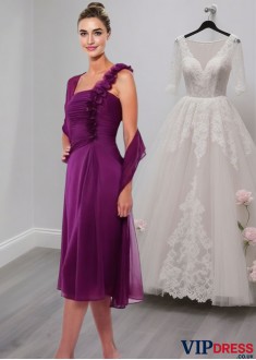 Purple One Shoulder Chiffon Bridesmaid Mother Dresses Knee Length Gown