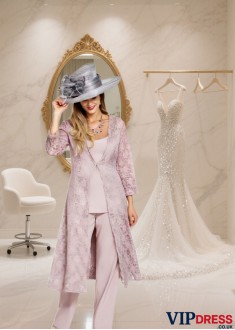 Three Pieces Chiffon Mother of the Bride Pantsuit with Square Neck and Lace Jacket