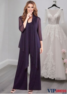 Silk-Like Chiffon Full-Length Mother of the Bride Pantsuit with Jacket Sleeves