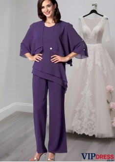 Elegant Chiffon Scoop Neck Coat Jacket Sleeve Pantsuit for Mother of the Bride
