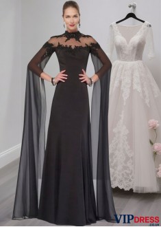 Black Satin High Collar Mother of the Bride Dresses with Illusion Sleeves