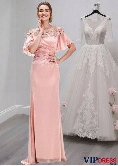 Pink Off-the-Shoulder Mother of the Bride Dress with Lace and Short Sleeves