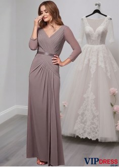 Full-Length Chiffon Mother of the Bride Dress with 3/4 Sleeves and Ruched