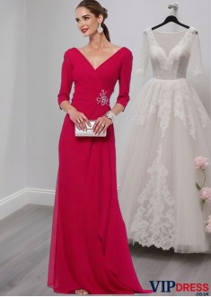 V-Neck Mother of the Bride Dresses with 3/4 Sleeves – Full Length Sheath Gown