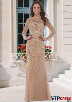 Elegant Tulle Bateau Neck Illusion Sleeve Sheath Mother of the Bride Dress – Full Length