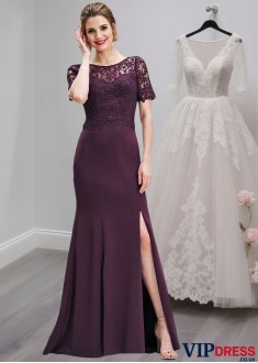 Purple Mother of the Bride Dress – Full Length Sheath Gown with Short Sleeves