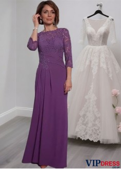 Lace and Chiffon Full-Length Mother Dresses with 3/4 Sleeves 