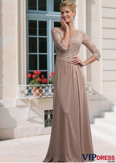 Elegant Lace & Satin Chiffon Mother of the Bride Dress – V-Neck Sheath Gown with Illusion Sleeves, Full Length