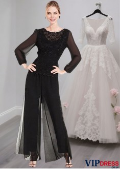 Black Chiffon Mother of the Bride Pantsuits with Long Sleeves